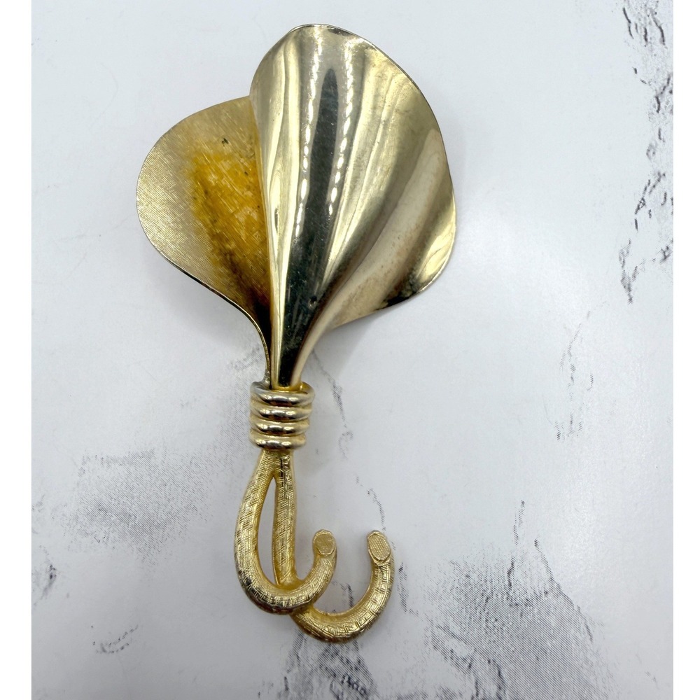 Vintage Gold Tone Umbrella Brooch Large 3" Novelty Weather‎ Pin